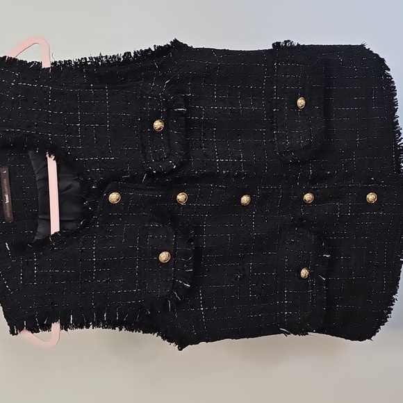 Anthropologie Hazel Black Boucle Tweed Fringe Gold Button Up Vest Pockets Sz L - Picture 2 of 9